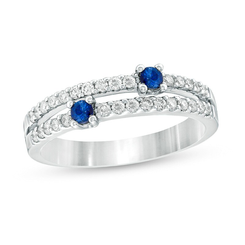 Main Image 1 of Previously Owned - Blue Sapphire and 1/3 CT. T.W. Diamond Double Row Orbit Ring in 14K White Gold