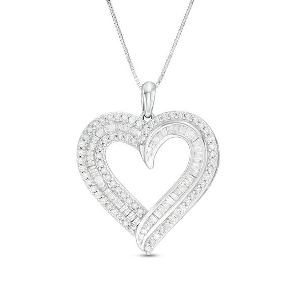 Previously Owned - 1 CT. T.w. Baguette and Round Diamond Double Row Heart Pendant in 10K White Gold