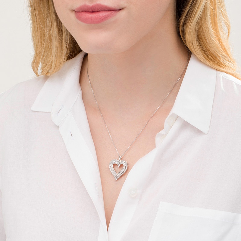 Main Image 2 of Previously Owned - 1 CT. T.W. Baguette and Round Diamond Double Row Heart Pendant in 10K White Gold