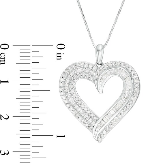 Previously Owned - 1 CT. T.w. Baguette and Round Diamond Double Row Heart Pendant in 10K White Gold