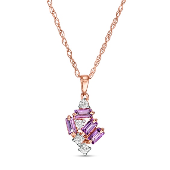 Previously Owned - Baguette-Cut Amethyst and Diamond Accent Cluster Pendant in 10K Rose Gold