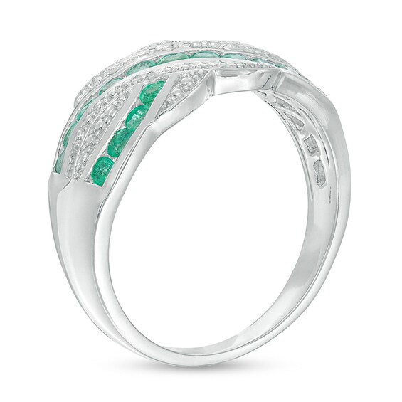 Previously Owned - Emerald and 1/20 CT. T.w. Diamond Beaded Border Crossover Ring in Sterling Silver