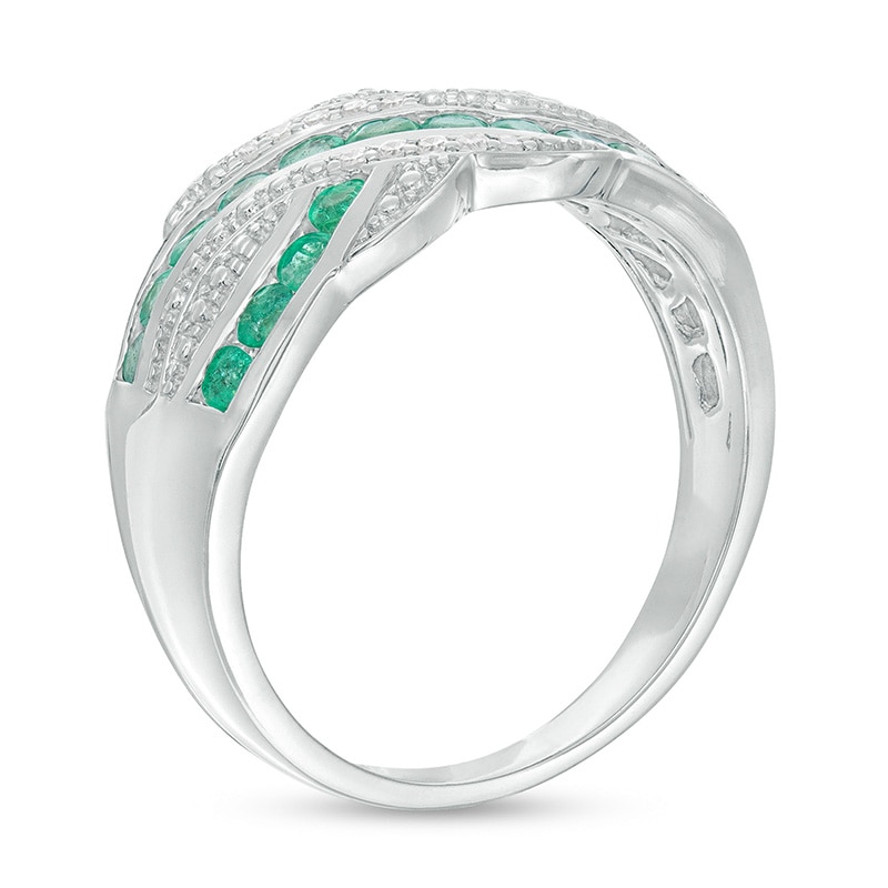 Main Image 3 of Previously Owned - Emerald and 1/20 CT. T.W. Diamond Beaded Border Crossover Ring in Sterling Silver