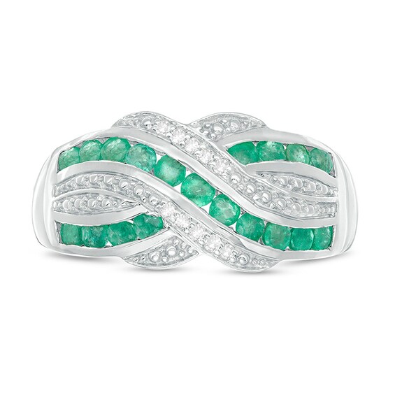 Previously Owned - Emerald and 1/20 CT. T.w. Diamond Beaded Border Crossover Ring in Sterling Silver