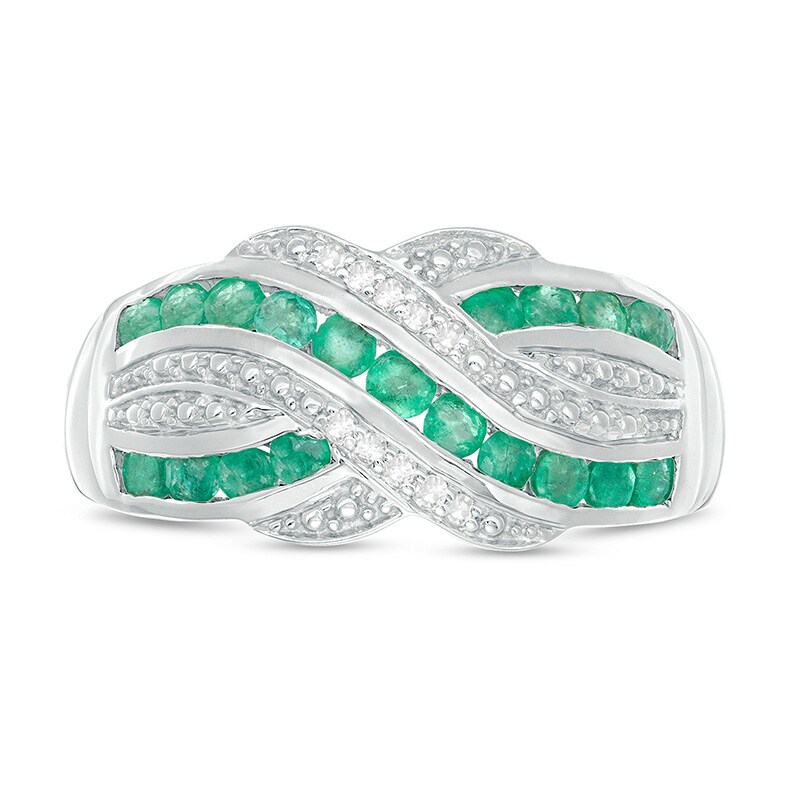Main Image 4 of Previously Owned - Emerald and 1/20 CT. T.W. Diamond Beaded Border Crossover Ring in Sterling Silver