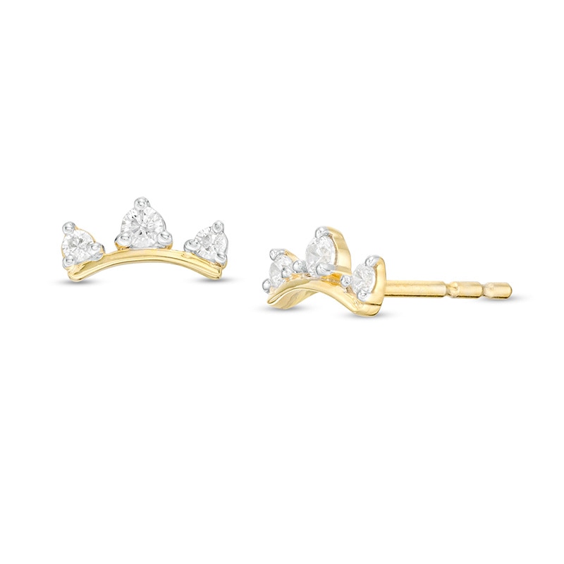 Previously Owned - 1/10 CT. T.W. Diamond Three Stone Curved Bar Stud Earrings in 10K Gold