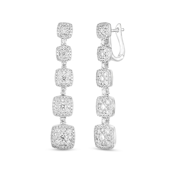 Previously Owned - 2-1/2 CT. T.w. Composite Diamond Graduated Cushion Frame Drop Earrings in 14K White Gold