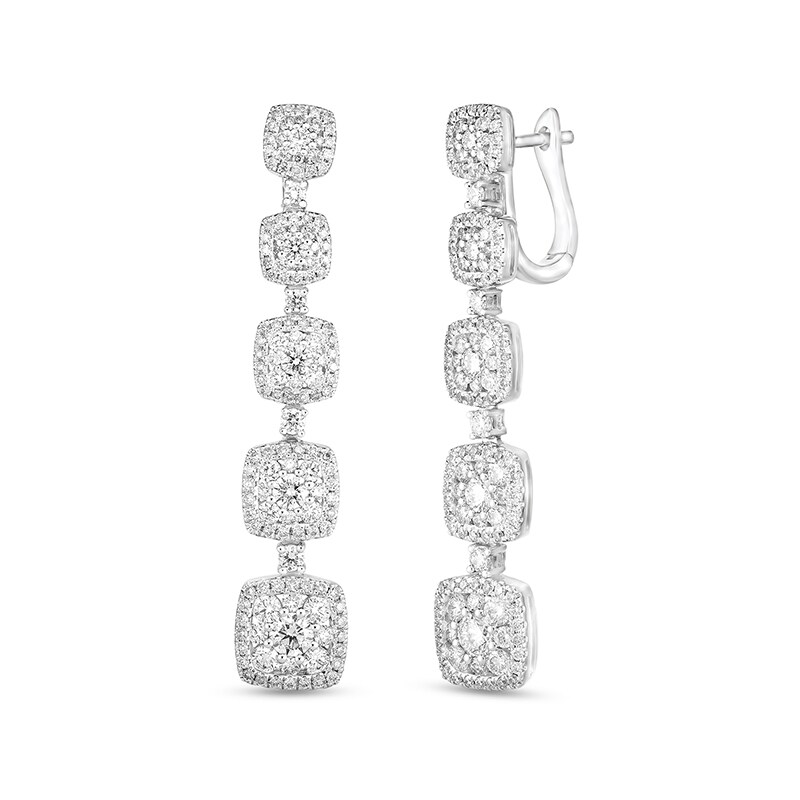 Main Image 1 of Previously Owned - 2-1/2 CT. T.W. Composite Diamond Graduated Cushion Frame Drop Earrings in 14K White Gold