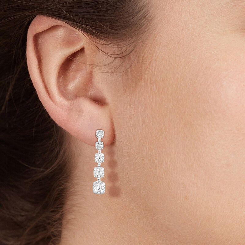 Main Image 2 of Previously Owned - 2-1/2 CT. T.W. Composite Diamond Graduated Cushion Frame Drop Earrings in 14K White Gold