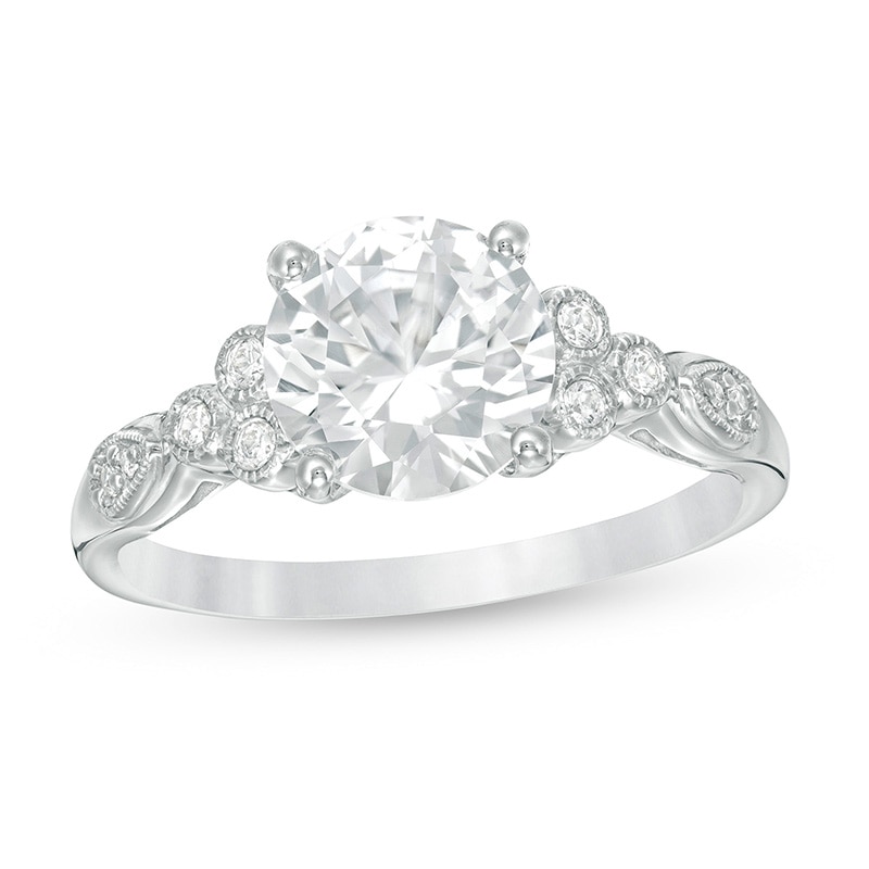 Main Image 1 of Previously Owned - White Lab-Created Sapphire and 1/10 CT. T.W. Diamond Tri-Sides Vintage-Style Ring in 10K White Gold