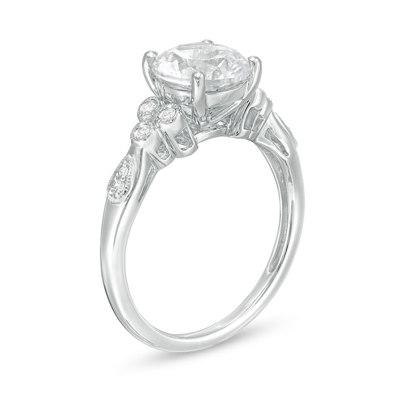 Main Image 3 of Previously Owned - White Lab-Created Sapphire and 1/10 CT. T.W. Diamond Tri-Sides Vintage-Style Ring in 10K White Gold