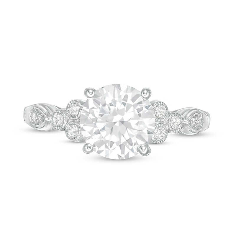 Main Image 4 of Previously Owned - White Lab-Created Sapphire and 1/10 CT. T.W. Diamond Tri-Sides Vintage-Style Ring in 10K White Gold