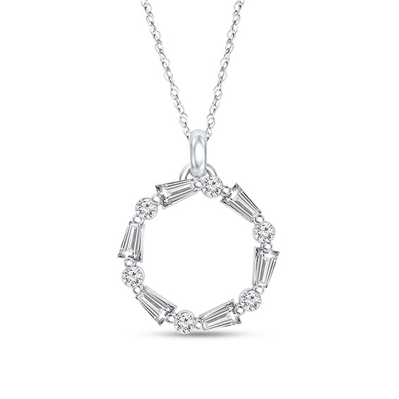 Previously Owned - 1/5 CT. T.w. Baguette and Round Diamond Circle Pendant in 10K White Gold