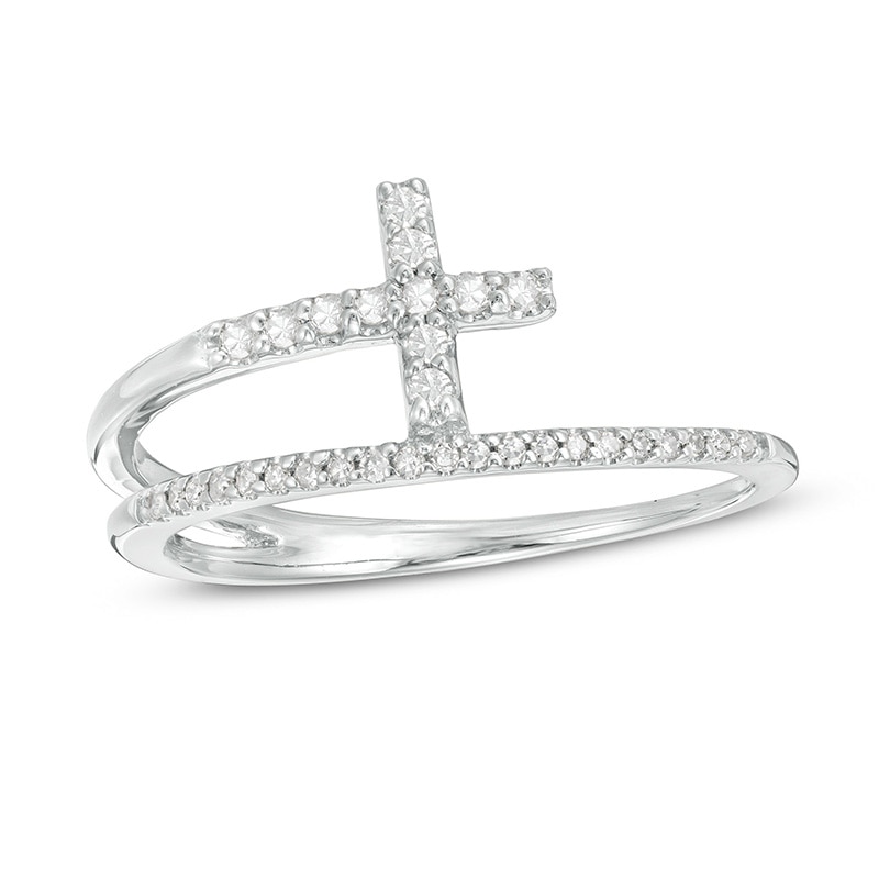 Main Image 1 of Previously Owned - 1/6 CT. T.W. Diamond Cross Split Shank Stacked Ring in 10K White Gold