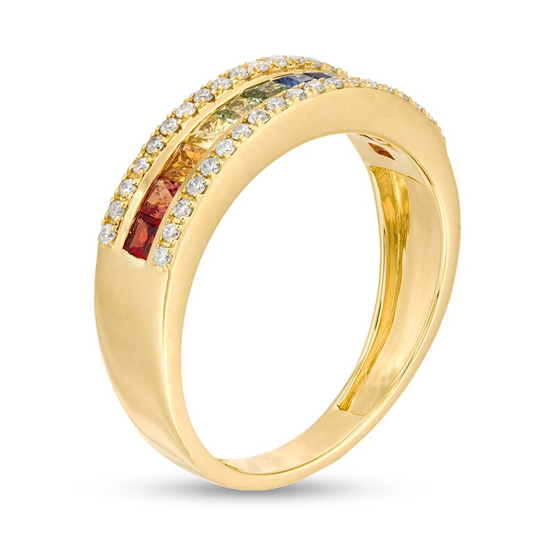 Main Image 3 of Previously Owned - Princess-Cut Multi-Color Sapphire and 1/5 CT. T.W. Diamond Edge Ring in 14K Gold