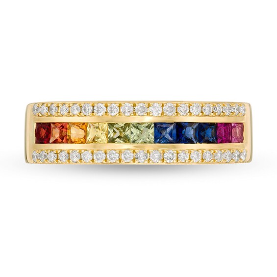 Previously Owned - Princess-Cut Multi-Color Sapphire and 1/5 CT. T.w. Diamond Edge Ring in 14K Gold