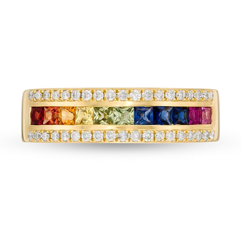 Main Image 4 of Previously Owned - Princess-Cut Multi-Color Sapphire and 1/5 CT. T.W. Diamond Edge Ring in 14K Gold