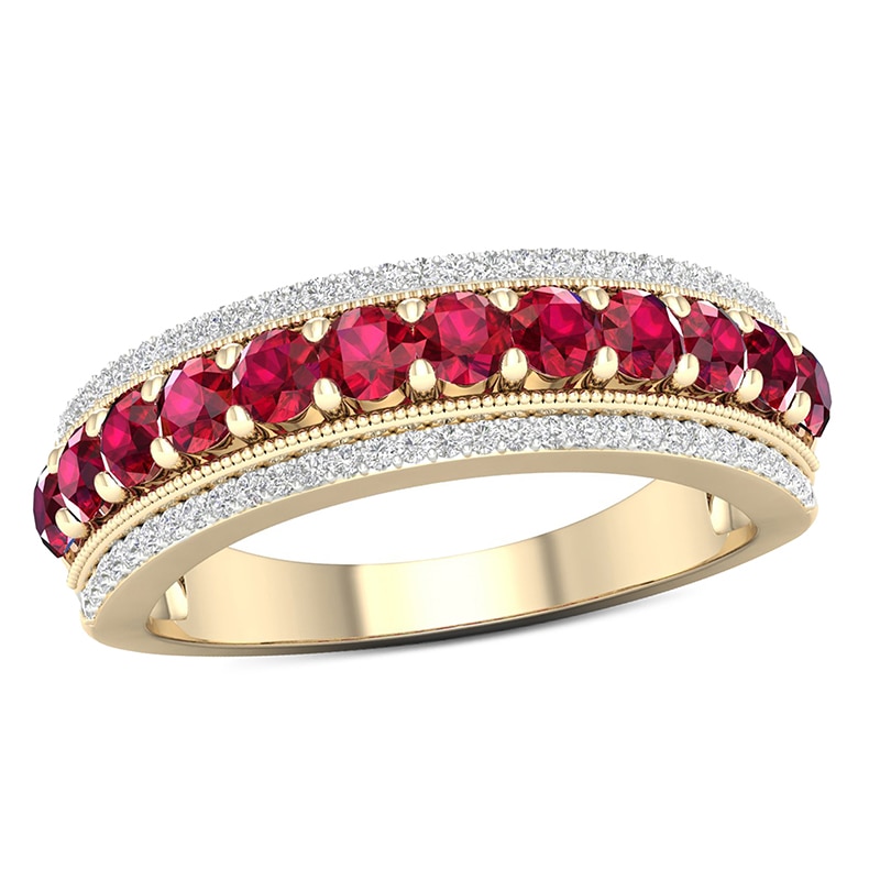 Main Image 1 of Previously Owned - Ruby and 1/6 CT. T.W. Diamond Border Triple Row Vintage-Style Ring in 10K Gold