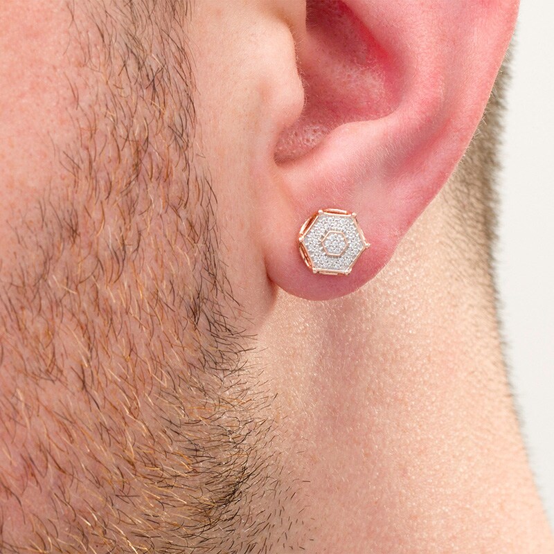 Main Image 2 of Previously Owned - 1/6 CT. T.W. Multi-Diamond Hexagon Stud Earrings in Sterling Silver with 14K Rose Gold Plate