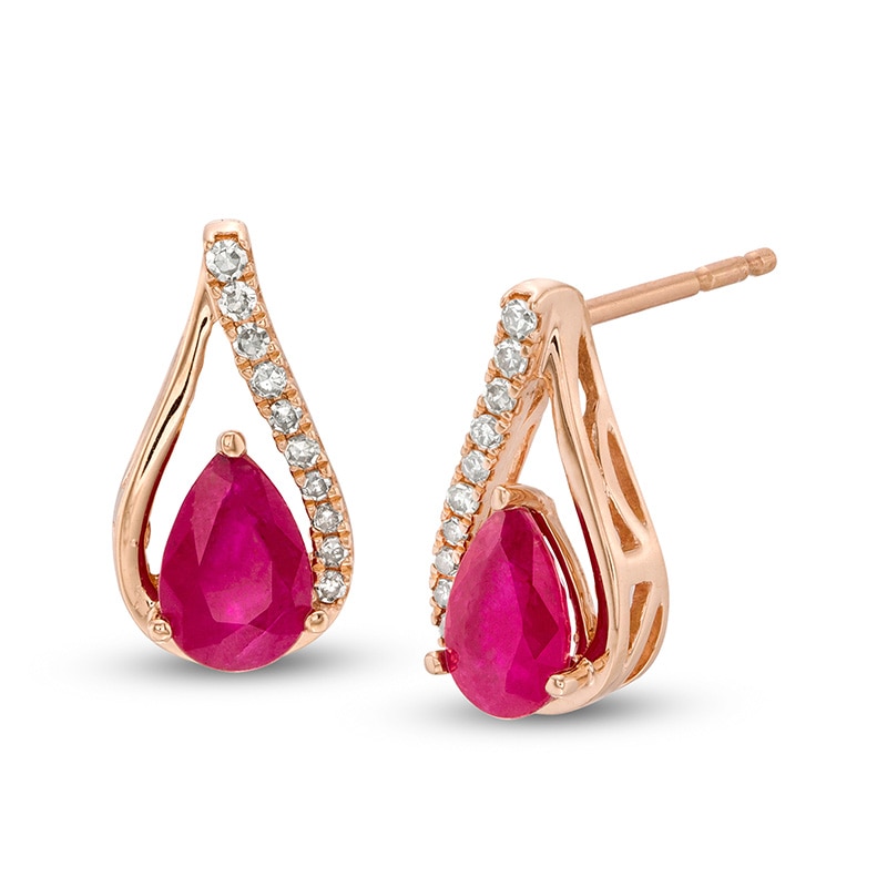 Main Image 1 of Previously Owned - Pear-Shaped Ruby and 1/15 CT. T.W. Diamond Teardrop Earrings in 10K Rose Gold