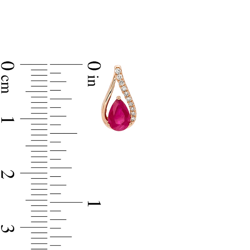 Main Image 3 of Previously Owned - Pear-Shaped Ruby and 1/15 CT. T.W. Diamond Teardrop Earrings in 10K Rose Gold