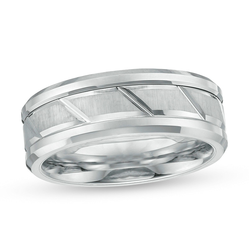 Main Image 1 of Previously Owned - 8.0mm Multi-Finish Slant Groove Wedding Band in Tungsten