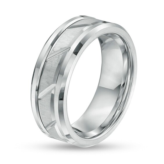Previously Owned - 8.0mm Multi-Finish Slant Groove Wedding Band in Tungsten