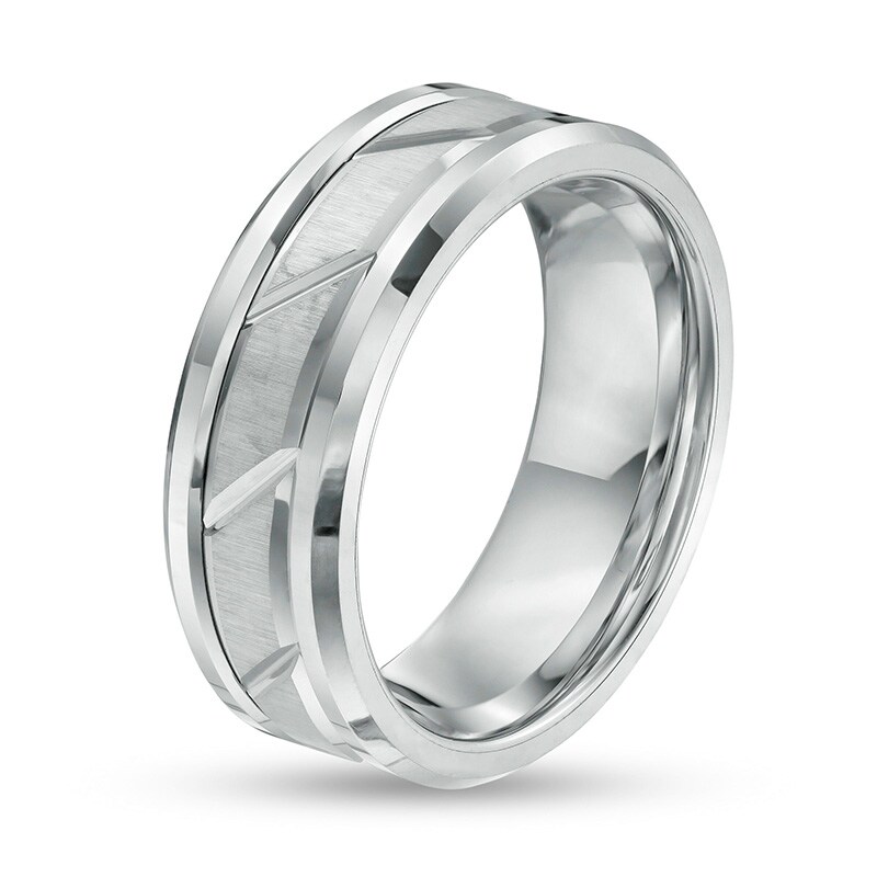 Main Image 2 of Previously Owned - 8.0mm Multi-Finish Slant Groove Wedding Band in Tungsten