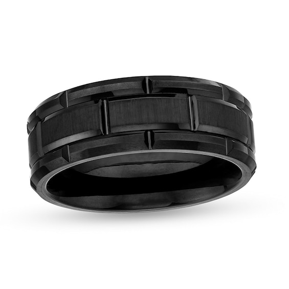 Previously Owned - 8.0mm Multi-Finish Brick Pattern Wedding Band in Tungsten with Black IP