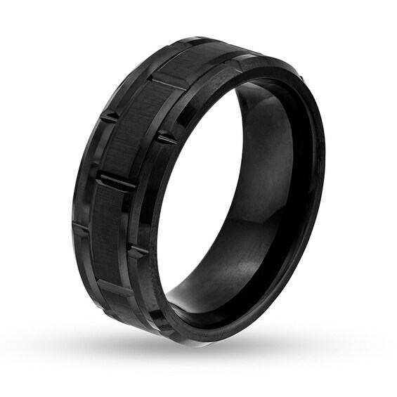 Previously Owned - 8.0mm Multi-Finish Brick Pattern Wedding Band in Tungsten with Black IP