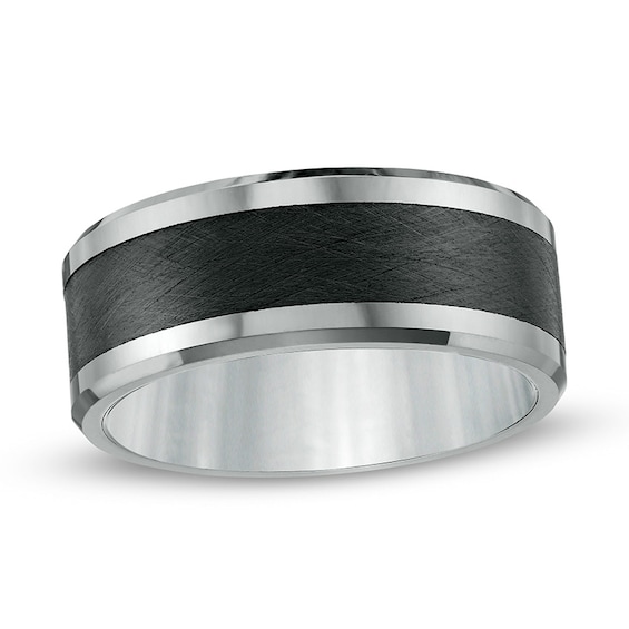 Previously Owned - Men's 9.0mm Wedding Band in Tungsten with Brushed Black Ceramic Inlay