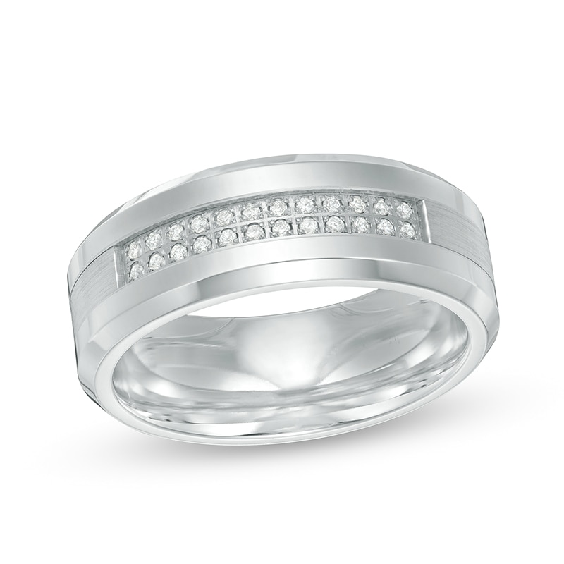 Main Image 1 of Previously Owned - 1/8 CT. T.W. Diamond Double Row Wedding Band in Stainless Steel and Cobalt