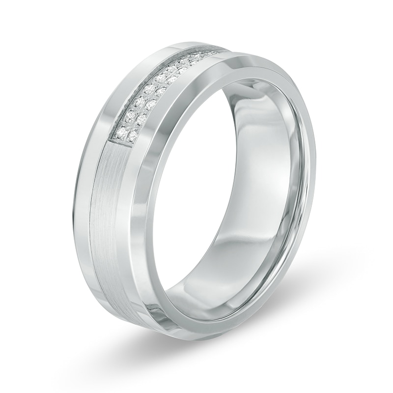Main Image 2 of Previously Owned - 1/8 CT. T.W. Diamond Double Row Wedding Band in Stainless Steel and Cobalt