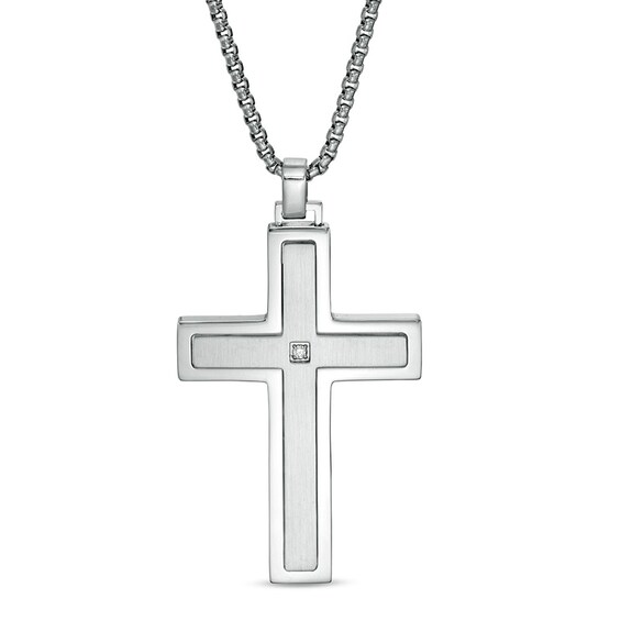 Previously Owned - Men's Diamond Accent Stepped Edge Cross Pendant in Stainless Steel - 24"