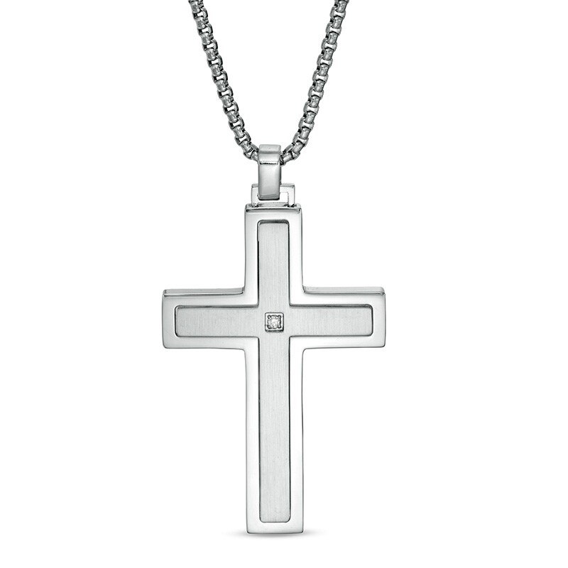 Main Image 1 of Previously Owned - Men's Diamond Accent Stepped Edge Cross Pendant in Stainless Steel - 24"