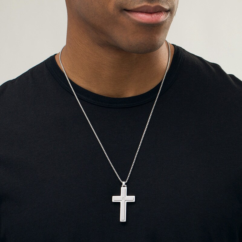 Main Image 2 of Previously Owned - Men's Diamond Accent Stepped Edge Cross Pendant in Stainless Steel - 24"