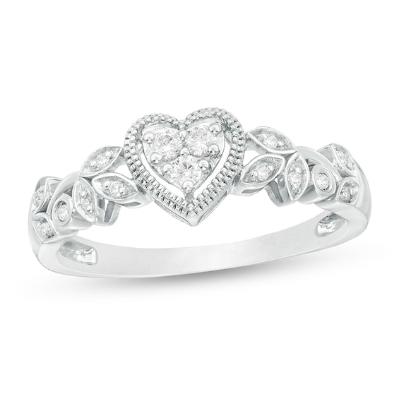 Previously Owned - 1/8 CT. T.w. Diamond Heart Frame Filigree Vintage-Style Promise Ring in Sterling Silver