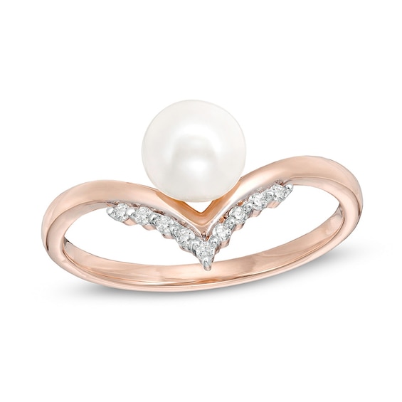 Previously Owned-6.0mm Freshwater Cultured Pearl and 1/20 CT. T.w. Diamond Chevron Ring in 10K Rose Gold