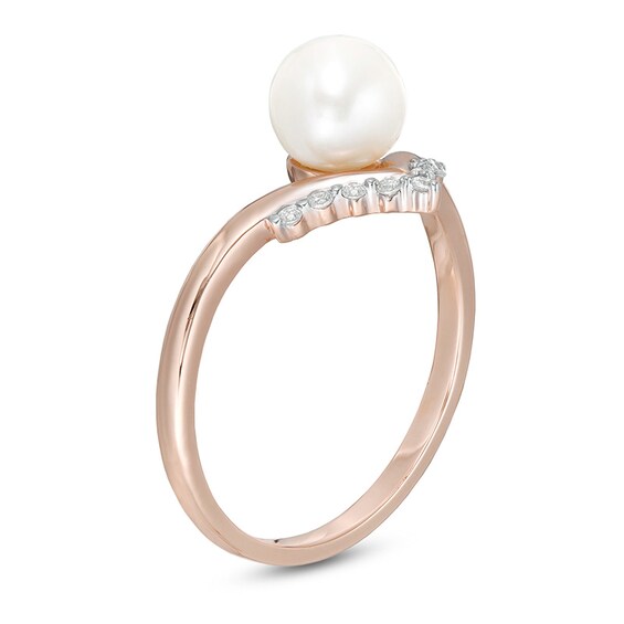 Previously Owned-6.0mm Freshwater Cultured Pearl and 1/20 CT. T.w. Diamond Chevron Ring in 10K Rose Gold