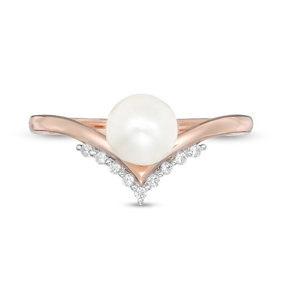 Previously Owned-6.0mm Freshwater Cultured Pearl and 1/20 CT. T.w. Diamond Chevron Ring in 10K Rose Gold