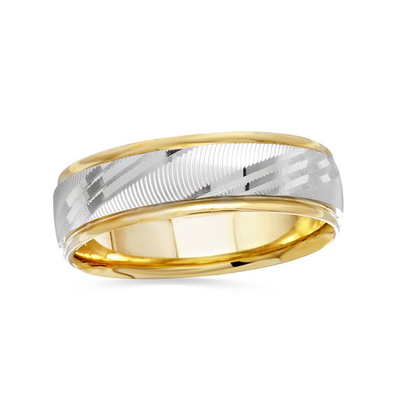 Previously Owned - 6.0mm Comfort-Fit Slant Diamond-Cut Wedding Band in 14K Two-Tone Gold