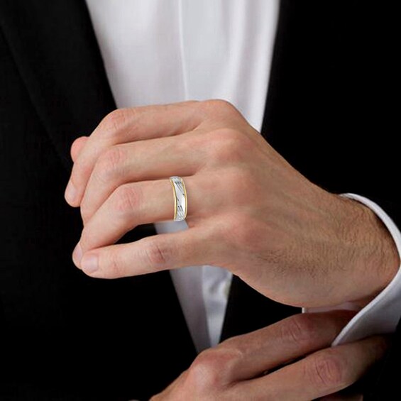 Previously Owned - 6.0mm Comfort-Fit Slant Diamond-Cut Wedding Band in 14K Two-Tone Gold