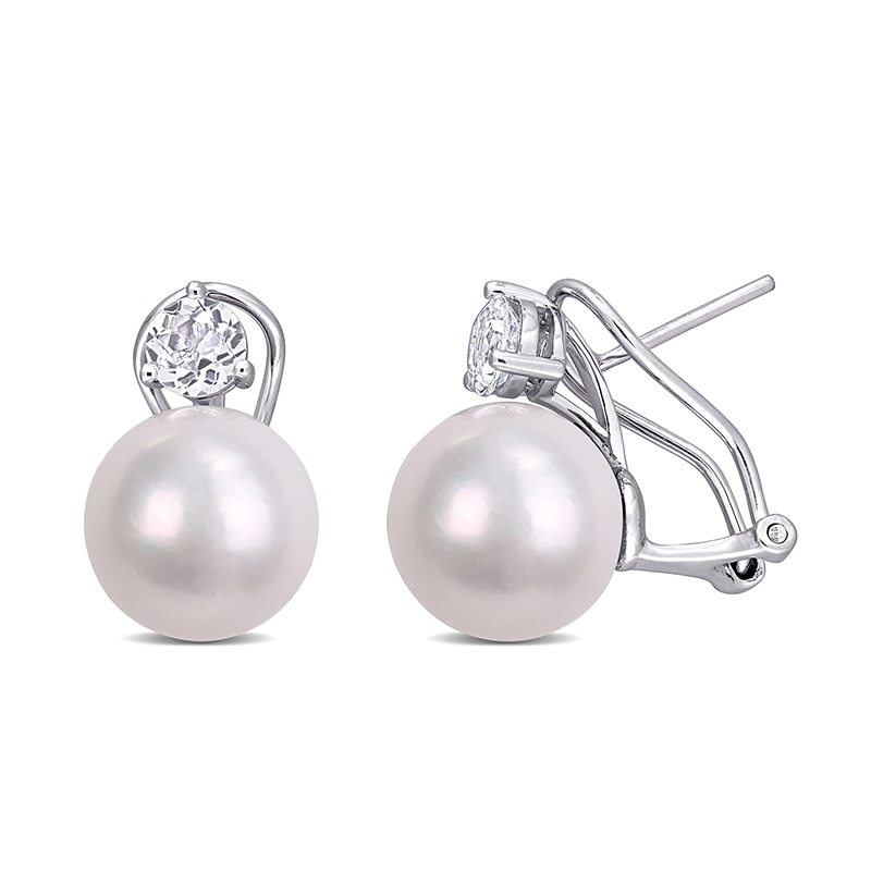 Main Image 1 of Previously Owned-11.0-12.0mm Freshwater Cultured Pearl and 5.0mm White Topaz Stud Earrings in Sterling Silver