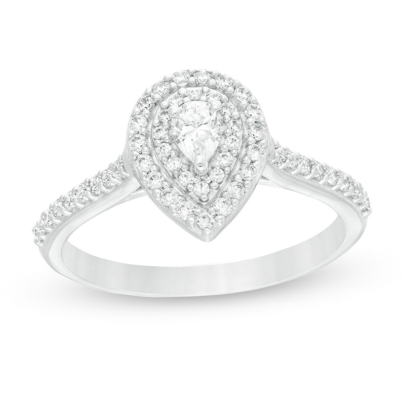 Main Image 1 of Previously Owned - 1/2 CT. T.W. Pear-Shaped Diamond Double Frame Engagement Ring in 10K White Gold