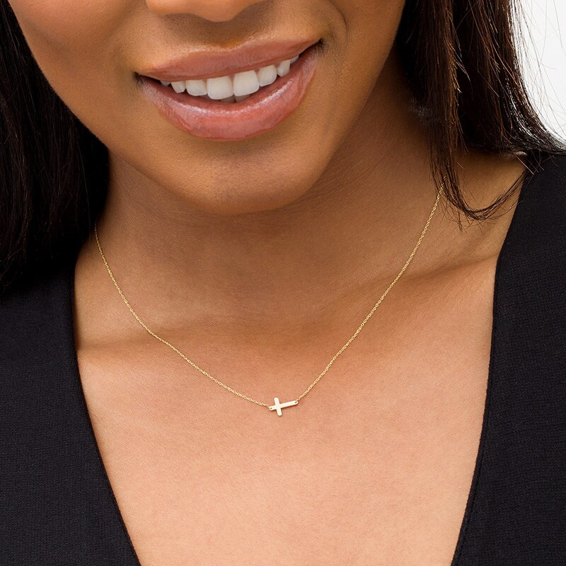 Main Image 2 of Previously Owned - Sideways Mini Cross Necklace in 14K Gold