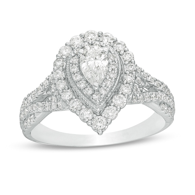 Main Image 1 of Previously Owned - 1 CT. T.W. Pear-Shaped Diamond Frame Split Shank Vintage-Style Engagement Ring in 14K White Gold