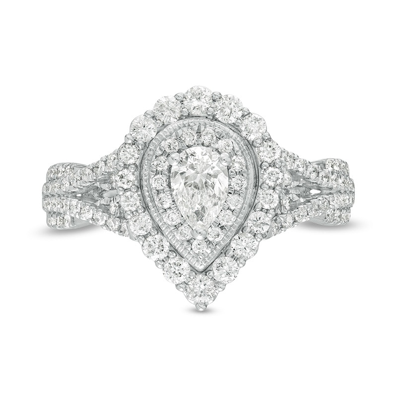 Main Image 4 of Previously Owned - 1 CT. T.W. Pear-Shaped Diamond Frame Split Shank Vintage-Style Engagement Ring in 14K White Gold