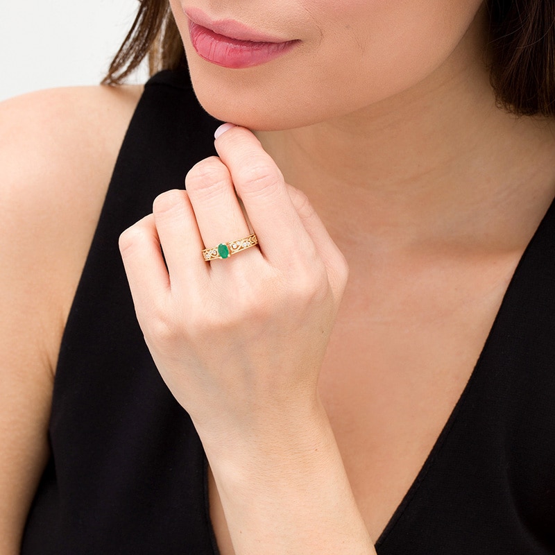 Main Image 2 of Previously Owned - Oval Emerald and 1/20 CT. T.W. Diamond Scroll Open Shank Vintage-Style Ring in 10K Gold