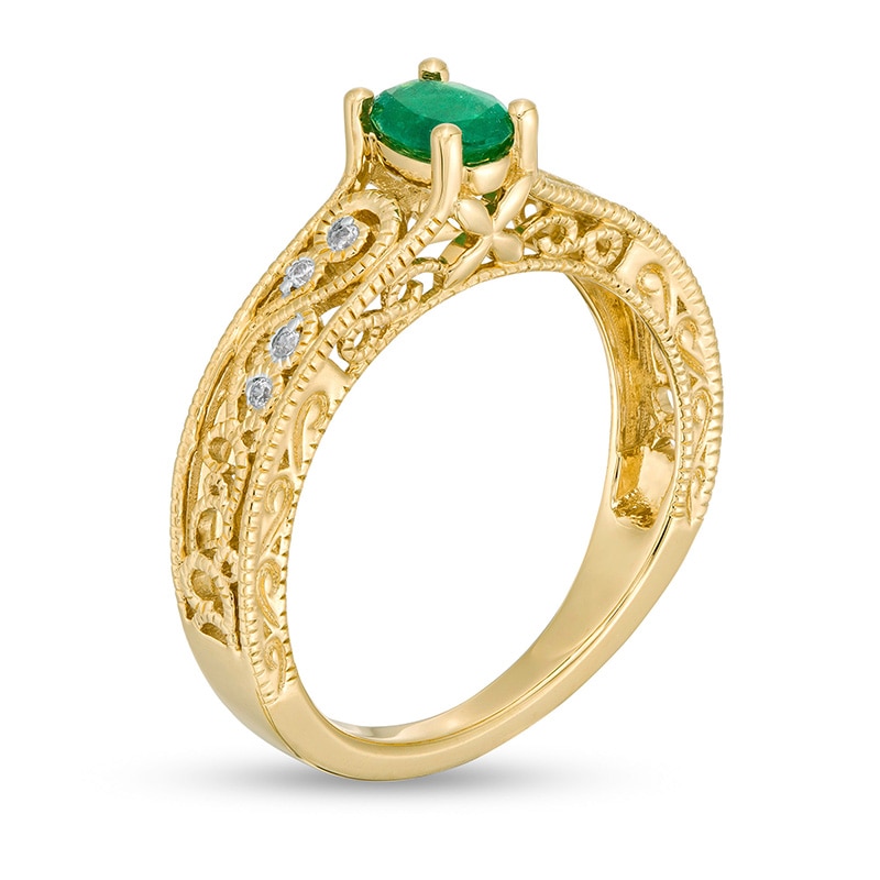 Main Image 3 of Previously Owned - Oval Emerald and 1/20 CT. T.W. Diamond Scroll Open Shank Vintage-Style Ring in 10K Gold