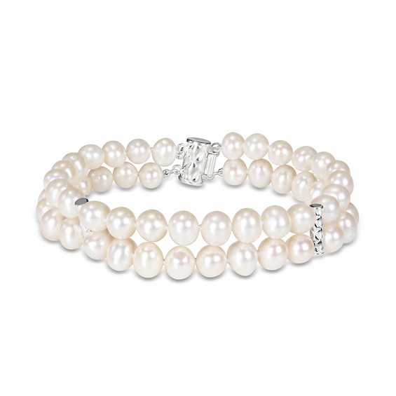Previously Owned-6.5-7.0mm Freshwater Cultured Pearl Barrel Station Double Strand Bracelet in Sterling Silver-7.5"